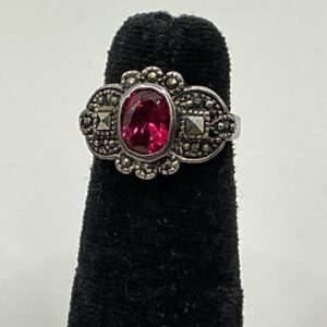 Sterling Silver Art Deco Synthetic Ruby & Marcasite Ring