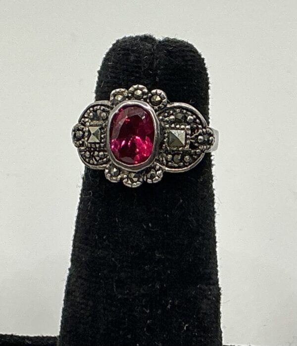 Sterling Silver Art Deco Synthetic Ruby & Marcasite Ring