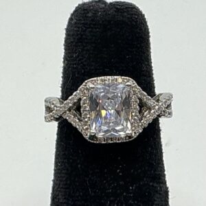 Sterling Silver Silver-Tone Ring with Cushion-Cut Center Stone & Pave Accents Ring