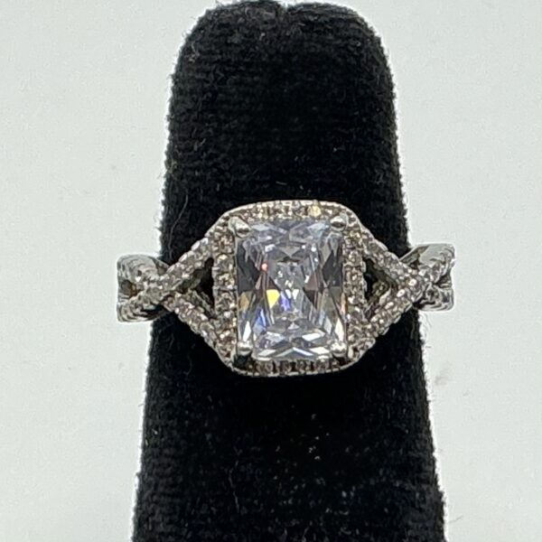 Sterling Silver Silver-Tone Ring with Cushion-Cut Center Stone & Pave Accents Ring