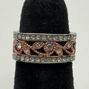 Sterling Silver Vintage Rose Gold-Tone Filigree Band Ring with Clear Stones