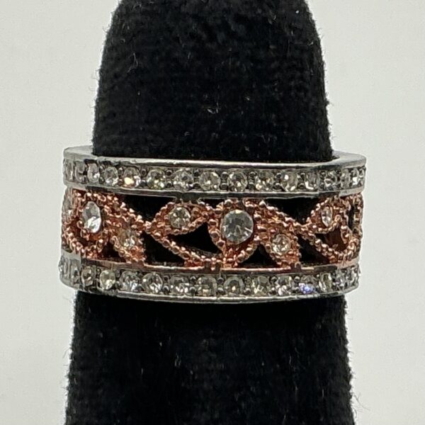 Sterling Silver Vintage Rose Gold-Tone Filigree Band Ring with Clear Stones