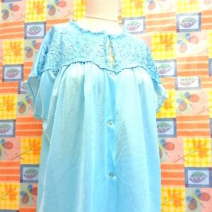 Vintage 1960s Light Blue Nylon Blend Peignoir & Lounge Pant Set with Lace Yoke