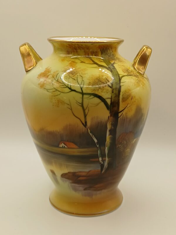 Vintage Noritake Hand-Painted Landscape Vase with Gold Handles