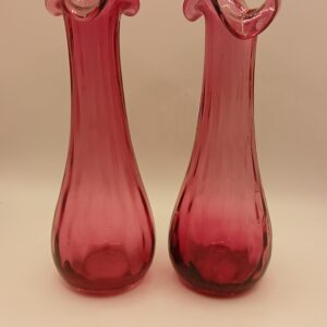 Vintage Hand-Blown Cranberry Glass Bud Vase Pair – Ruffled Rim