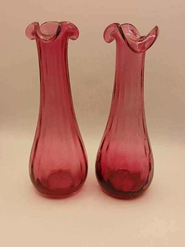 Vintage Hand-Blown Cranberry Glass Bud Vase Pair – Ruffled Rim