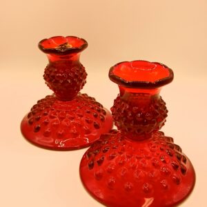 Vintage Fenton Ruby Red Hobnail Glass Candle Holders – Original Label – Handmade