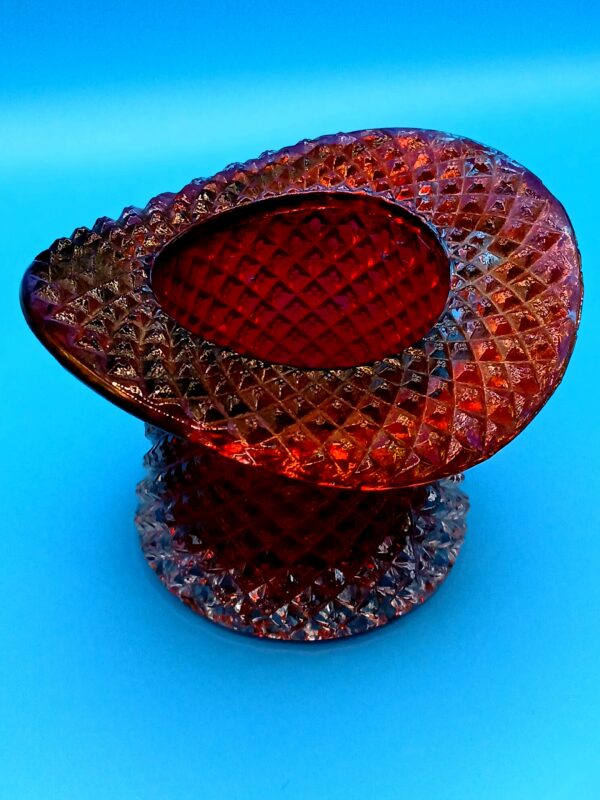 Vintage Ruby Red Diamond Point Glass Top Hat Vase — Mid-Century Novelty Art Glass