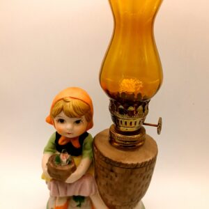 Vintage Girl Figurine Oil Lamp with Amber Glass Chimney