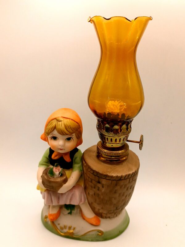 Vintage Girl Figurine Oil Lamp with Amber Glass Chimney