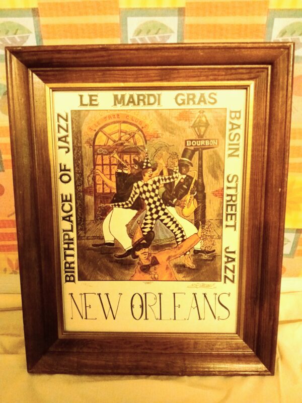 Framed New Orleans Mardi Gras Jazz Print by E. Preston (1987)