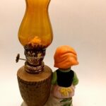 Vintage Porcelain Girl Figurine Lamp with Amber Glass Shade