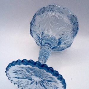 Vintage Light Blue Pressed Glass Compote Pedestal Bowl – Scalloped Edge, Floral Pattern