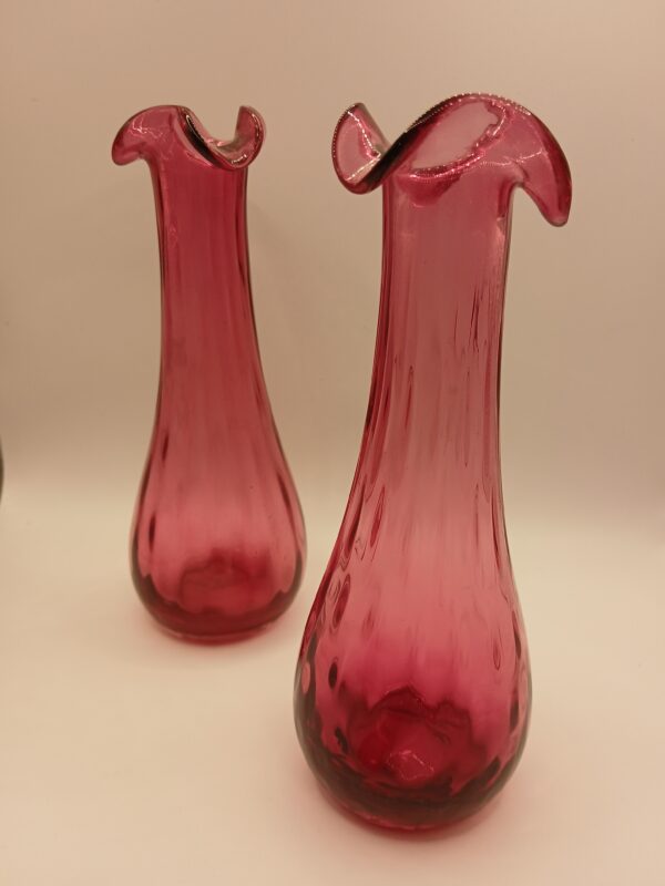 Pair of Vintage Cranberry Glass Vases with Ruffled Rim - Image 6