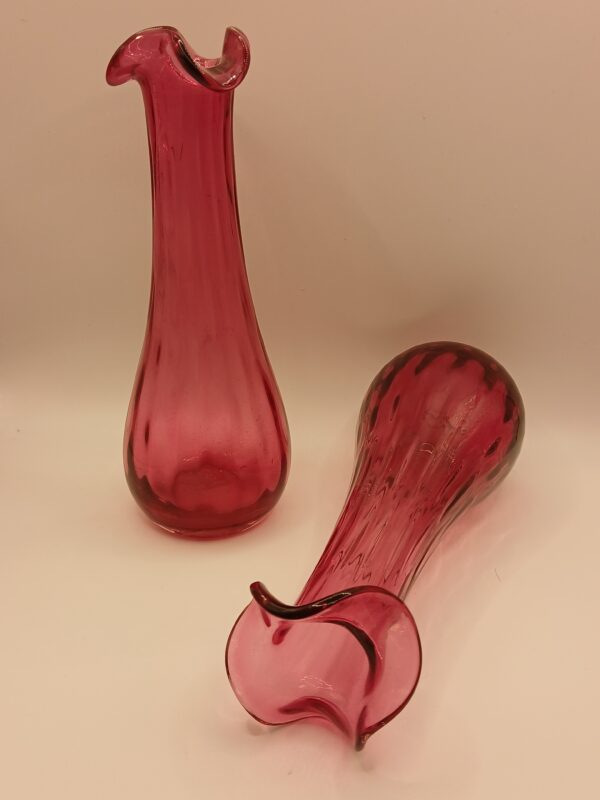Pair of Vintage Cranberry Glass Vases with Ruffled Rim - Image 5