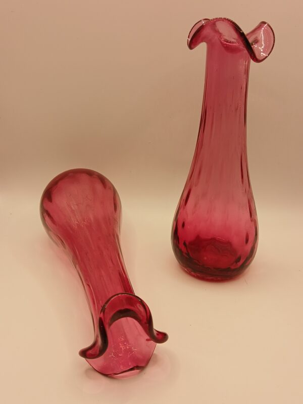 Pair of Vintage Cranberry Glass Vases with Ruffled Rim - Image 4