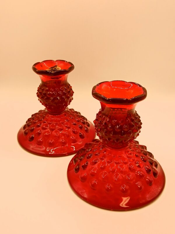 Pair of Vintage Ruby Red Hobnail Glass Candle Holders - Image 6