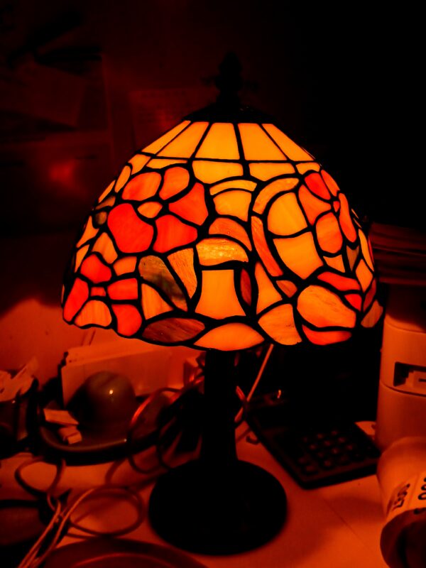 Tiffany-Style Stained Glass Lamp with Carved Tree-Like Base - Image 2